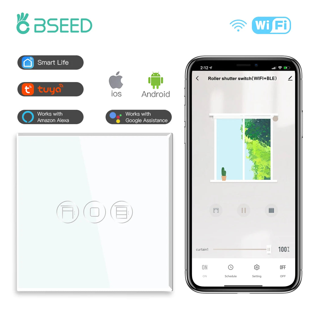 BSEED Wifi Roller Shutter Switch Smart Blind Switch Crystal Wall Touch Switches Wireless Control By Smart Life Tuya Alexa App