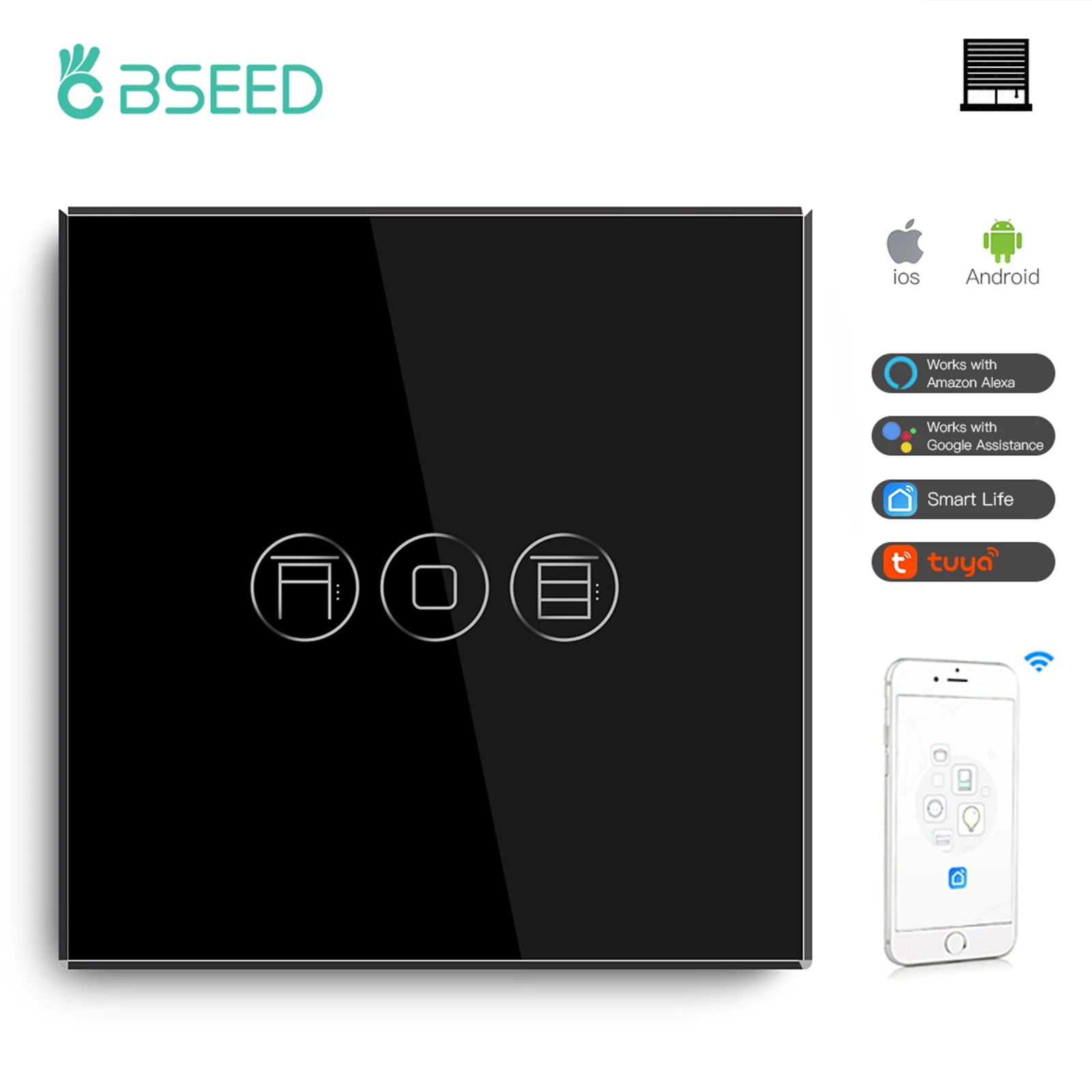 BSEED Wifi Roller Shutter Switch Smart Blind Switch Crystal Wall Touch Switches Wireless Control By Smart Life Tuya Alexa App