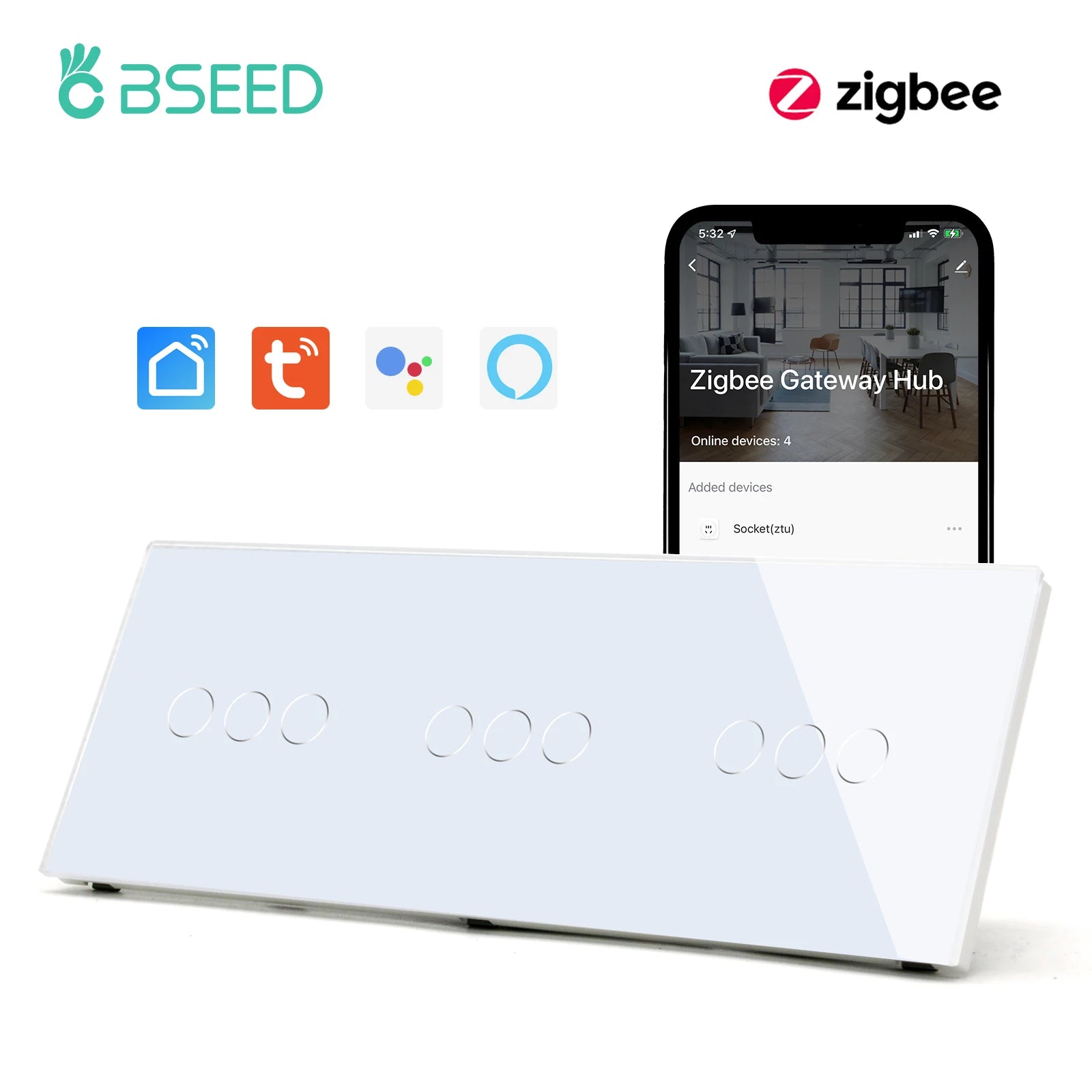 BSEED Zigbee Wall Switches Smart Touch Screen Light Switch 1/2/3Gang 1/2/3Way Google Alexa Tuya App Control No Neutral Line