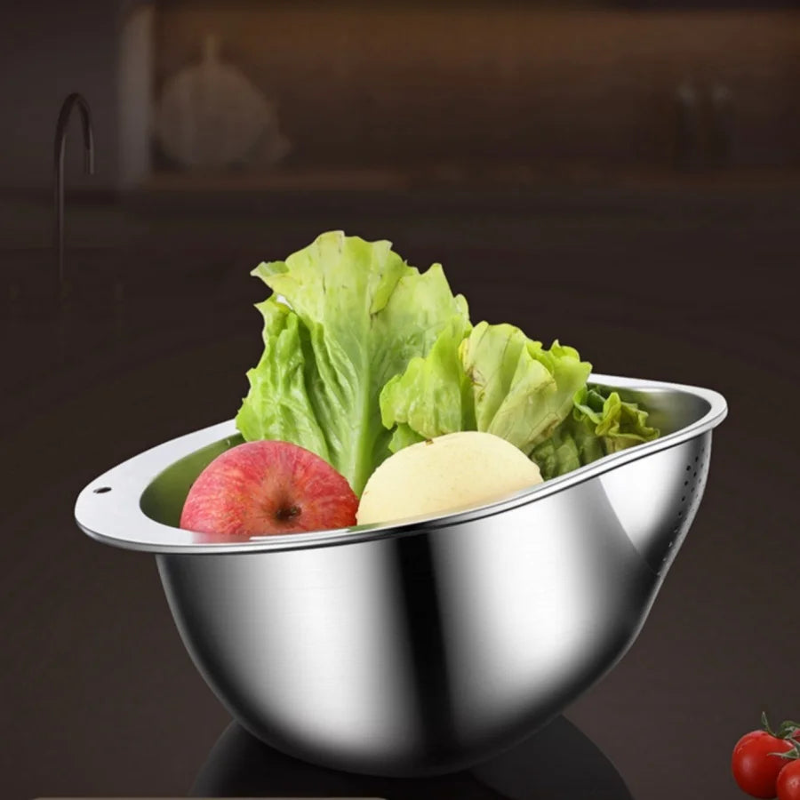 Stainless Steel Rice Washing Bowl with Drain Holes, 2-in-1 Vegetable Fruit Strainer Colander Basket for Kitchen Sink