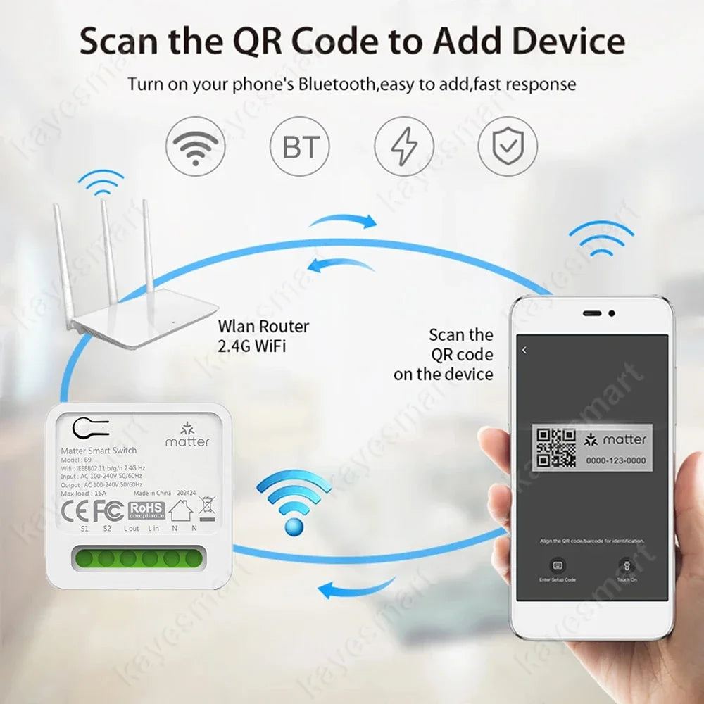 Matter Smart Switch 16A Mini WiFi Relay Module Home Automation DIY Light Switch Works with Homekit Alexa Google Home Smartthings