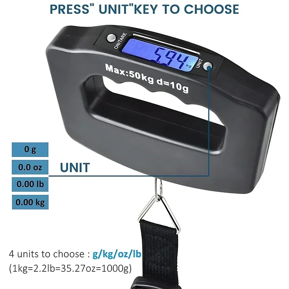50kg/110lb Portable Scale LCD Digital Luggage Suitcase Scale Handled Travel Baggage Bag Fish Weighting Hook Hanging Scales