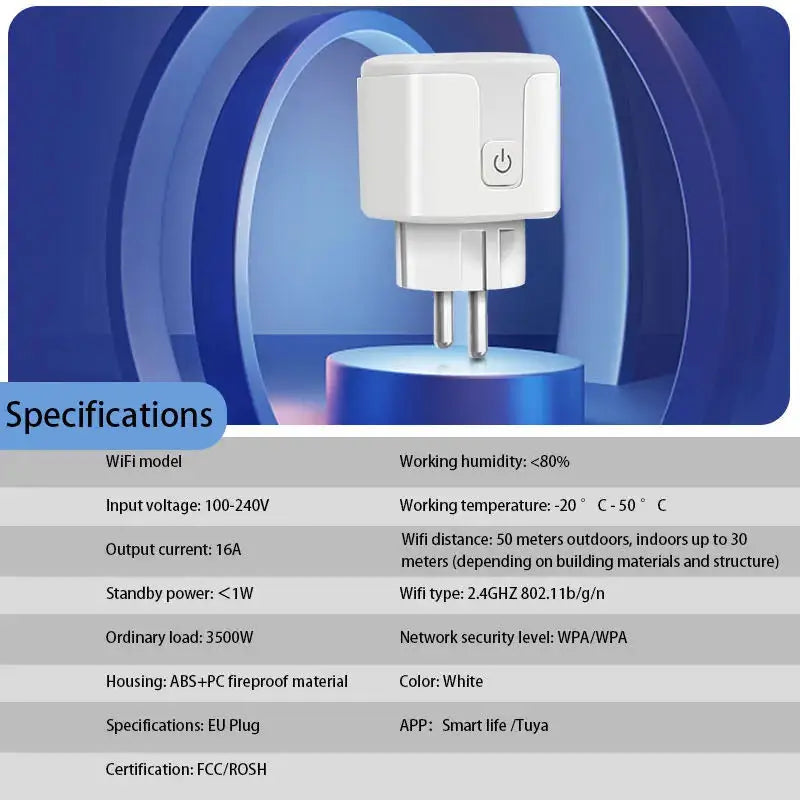 Tuya Smart Socket EU16A/20A Wifi Smart Plug With Power Monitoring Smart Life APP Remote Control Support Google Assistant Alexa