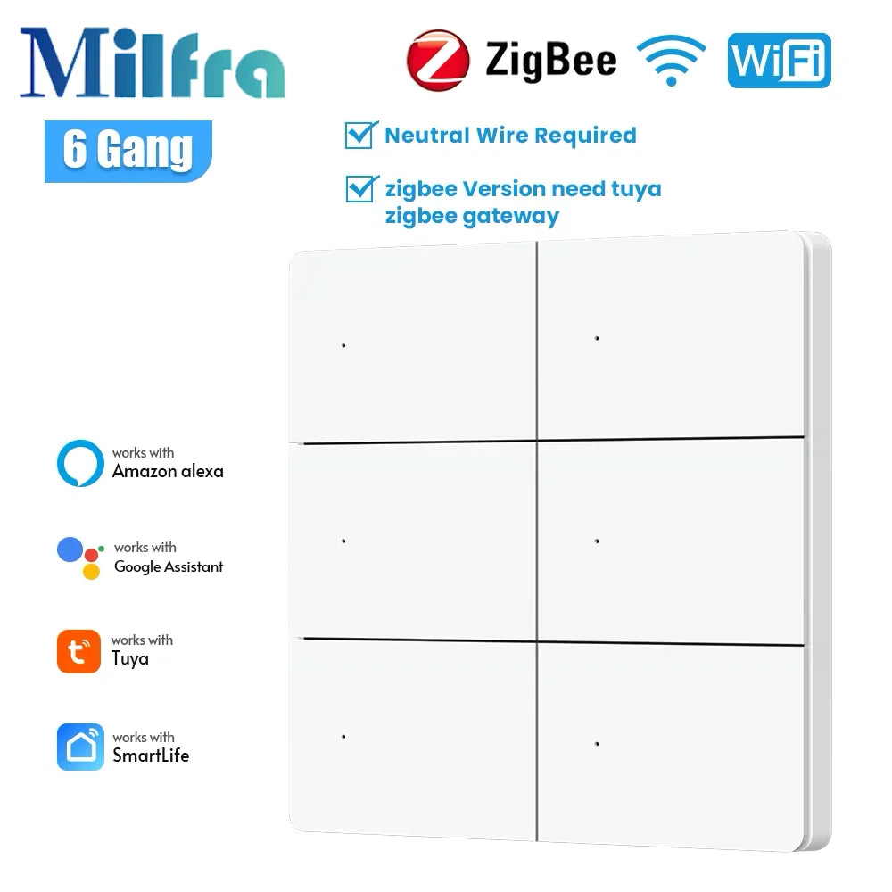 Milfra Zigbee WIFI Light Switch 1/2/3/4/6 Gang Smart Switch Voice Control Work With Alexa Google Home Tuya Control With Neutral