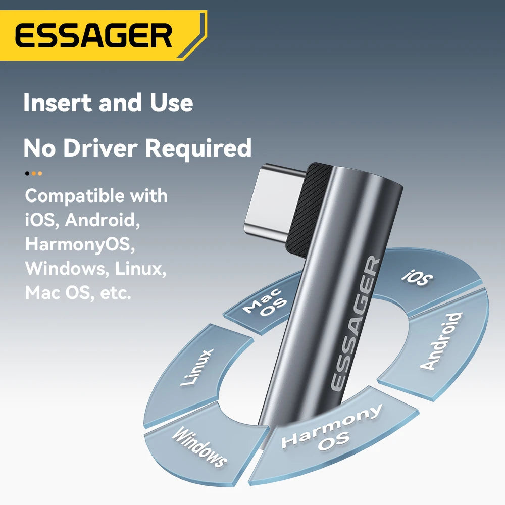 Essager L-shape Type-C to 3.5mm Jack Audio Adapter for iPhone 16 15 Samsung Lightning to 3.5mm Headphone Adapter for iPhone14 13