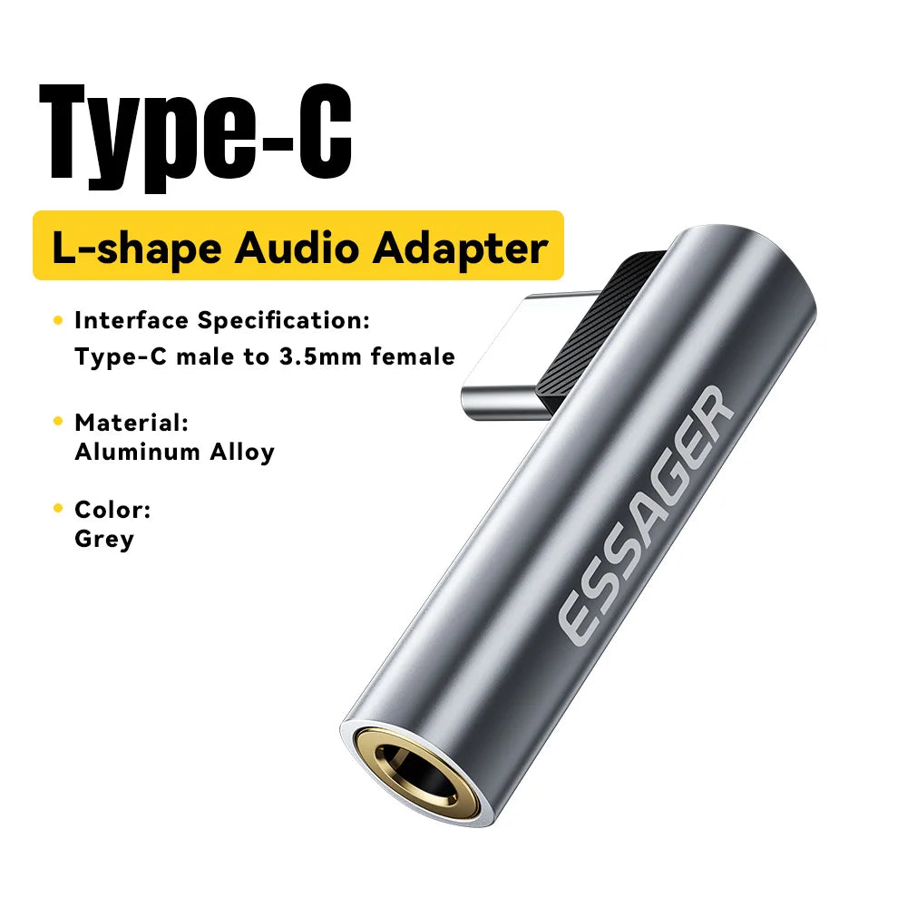 Essager L-shape Type-C to 3.5mm Jack Audio Adapter for iPhone 16 15 Samsung Lightning to 3.5mm Headphone Adapter for iPhone14 13