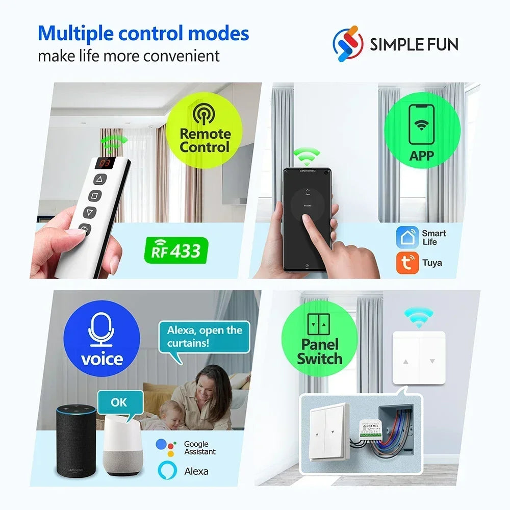 WiFi RF Curtain Smart Switch ,Tuya Smart life Module for Roller Shutter Window Blinds ,5-in-1 Remote,Timer,Google Home Alexa