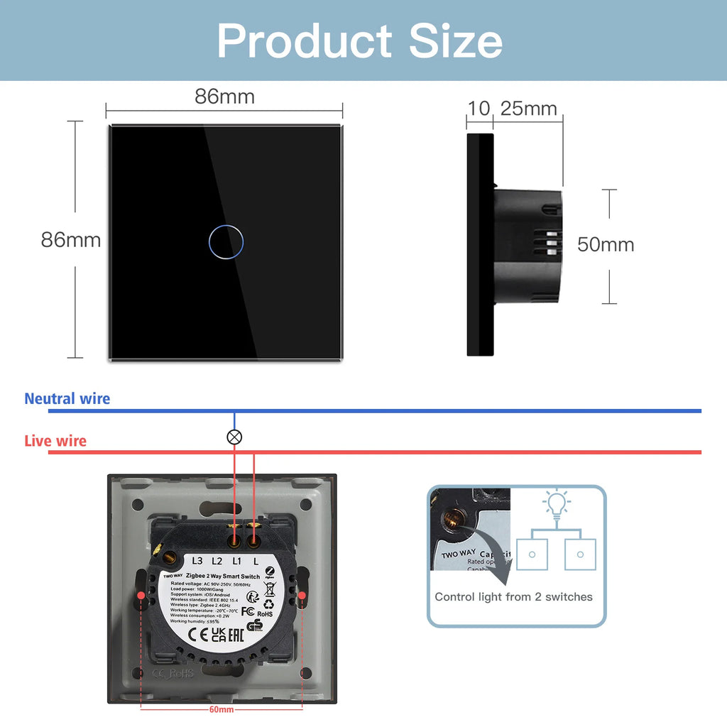 BSEED 1/2/3Gang Smart Zigbee Touch Light Switch 2-Way Control Compatible with Alexa/Google Home No Neutral Wire Touch Switch