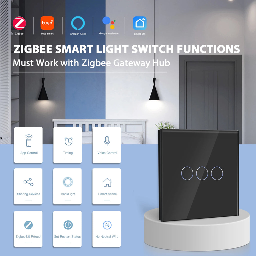 BSEED 1/2/3Gang Smart Zigbee Touch Light Switch 2-Way Control Compatible with Alexa/Google Home No Neutral Wire Touch Switch