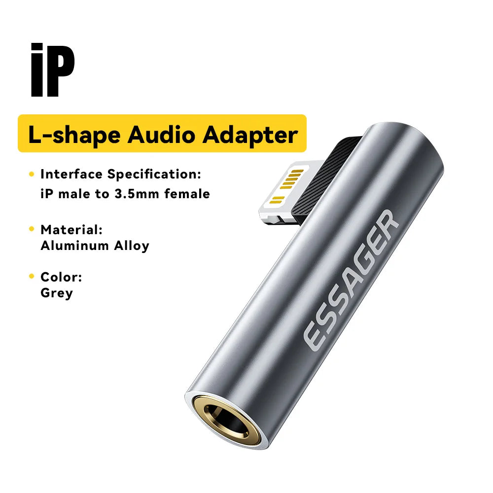 Essager L-shape Type-C to 3.5mm Jack Audio Adapter for iPhone 16 15 Samsung Lightning to 3.5mm Headphone Adapter for iPhone14 13
