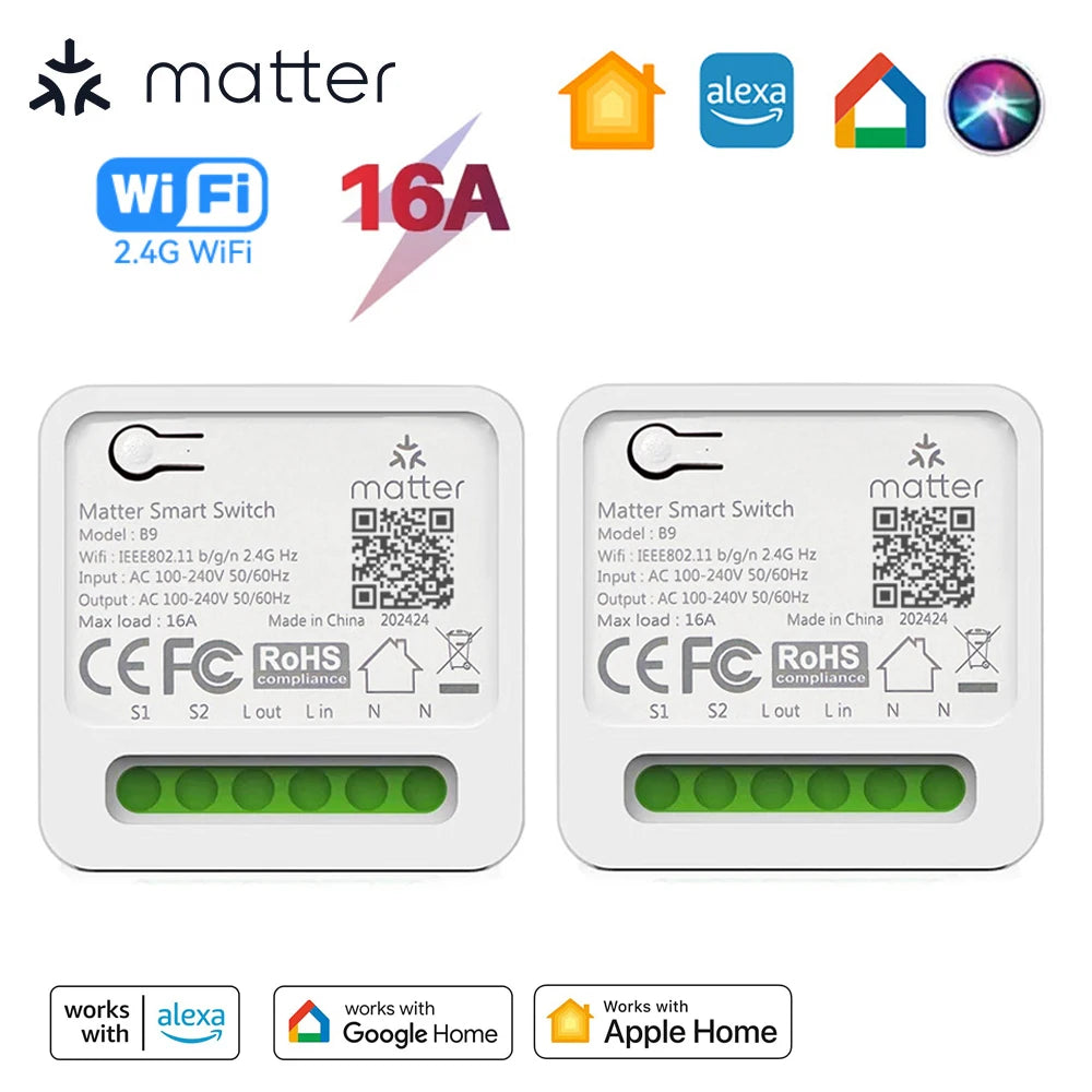 Matter Smart Switch 16A Mini WiFi Relay Module Home Automation DIY Light Switch Works with Homekit Alexa Google Home Smartthings