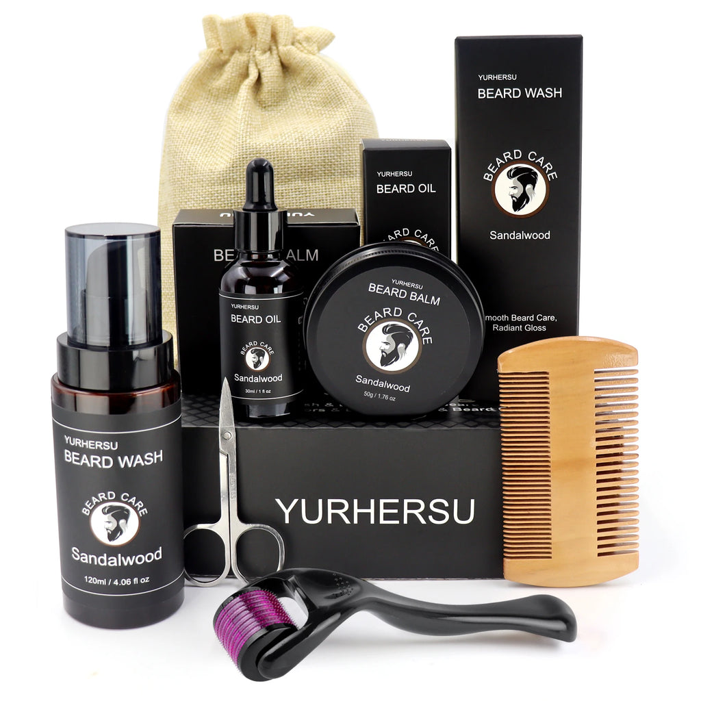 7Pcs Beard Care Kit for Men, Grooming Set Includes Beard Oil, Balm, Comb, Scissors, Brush, Bag - Best Gift