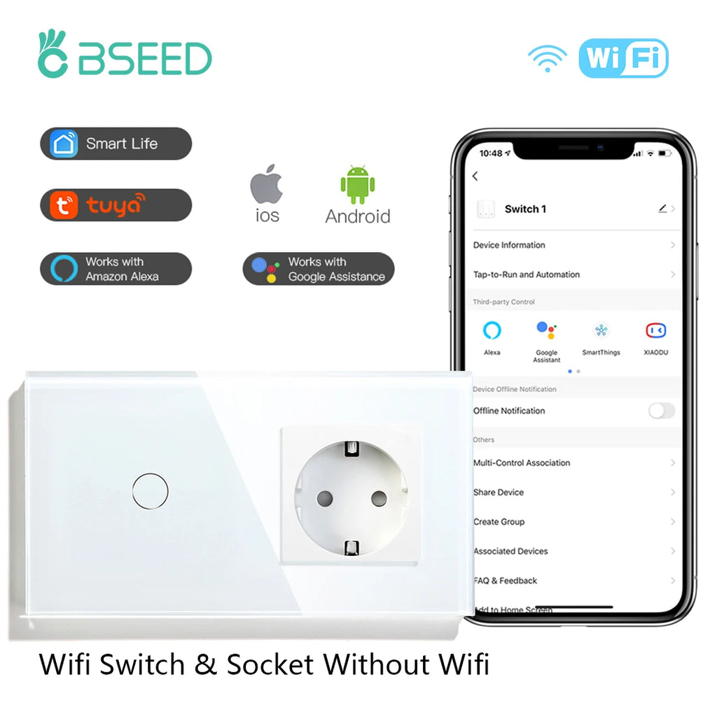 BSEED EU Standard Wifi Wall Switch 1/2/3Gang 1/2/3Way Smart Touch Light Switches Wall Socket Outlets Google Alexa Tuya Control