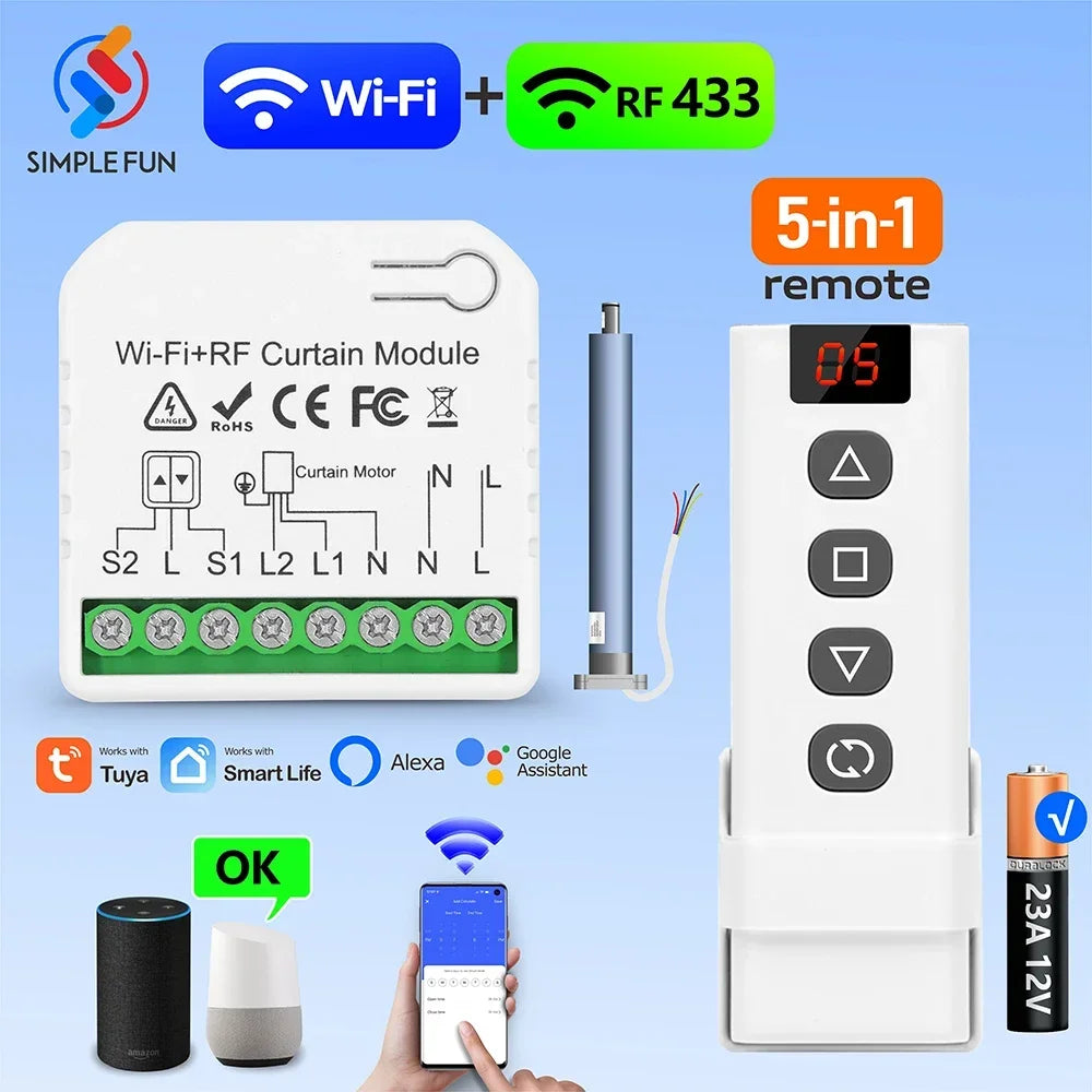 WiFi RF Curtain Smart Switch ,Tuya Smart life Module for Roller Shutter Window Blinds ,5-in-1 Remote,Timer,Google Home Alexa