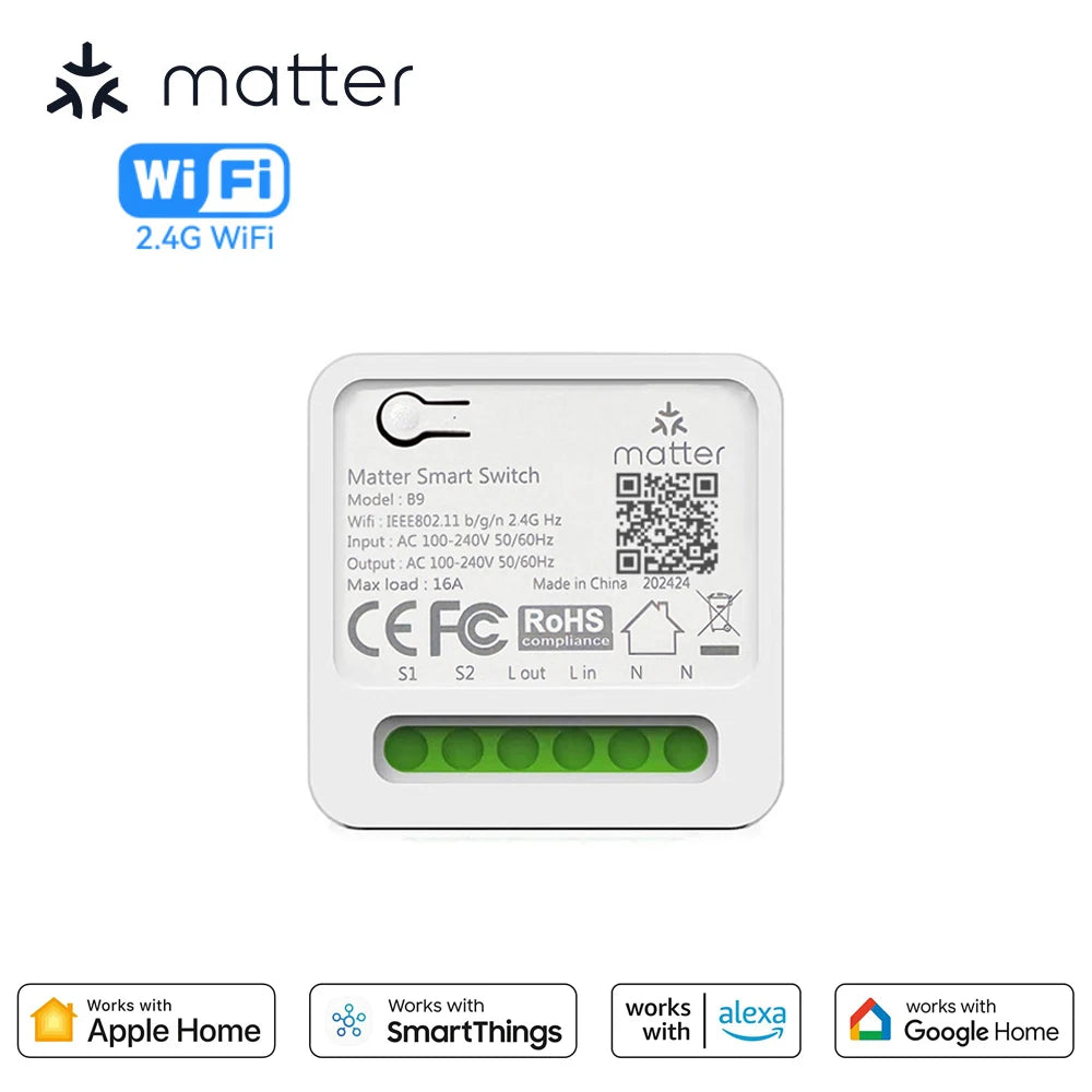 Matter Smart Switch 16A Mini WiFi Relay Module Home Automation DIY Light Switch Works with Homekit Alexa Google Home Smartthings