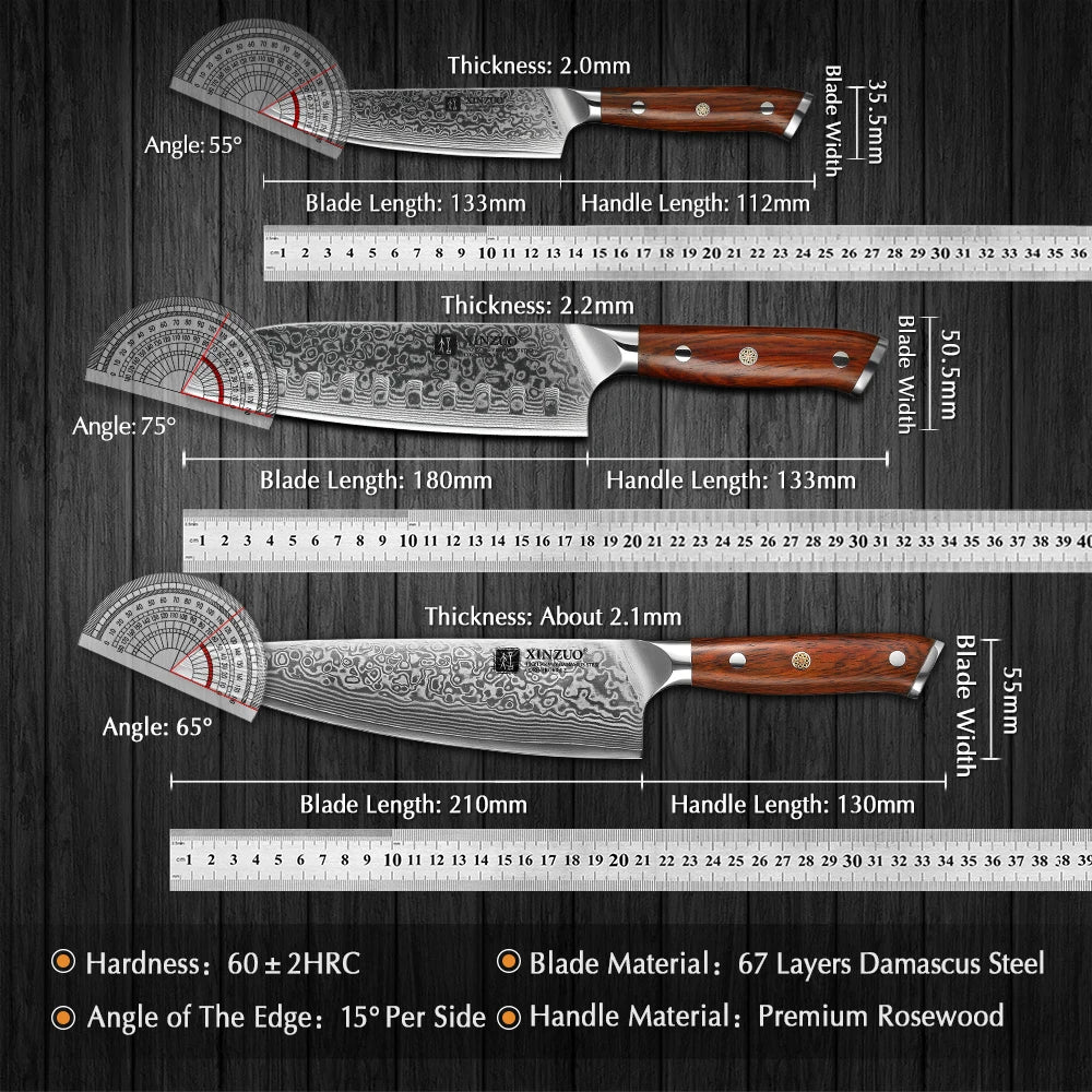 XINZUO 1-3PCS Kitchen Knife Set 67 Layers Damascus Steel High Carbon Chef Santoku Utility Knives Rosewood Handle Cooking Tools