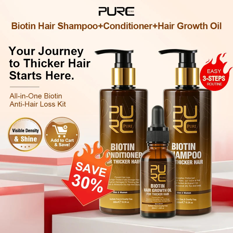 PURC Biotin Hair Growth Oil Shampoo Conditioner Sets Keratin Smoothing Hair Loss Treatment for Men Women Hair Care Products