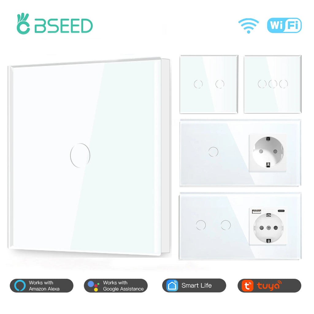 BSEED EU Standard Wifi Wall Switch 1/2/3Gang 1/2/3Way Smart Touch Light Switches Wall Socket Outlets Google Alexa Tuya Control