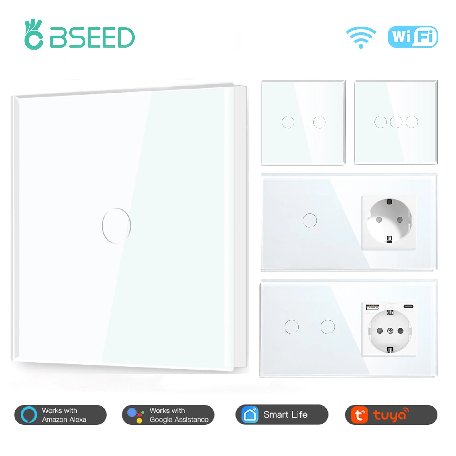 BSEED EU Standard Wifi Wall Switch 1/2/3Gang 1/2/3Way Smart Touch Light Switches Wall Socket Outlets Google Alexa Tuya Control