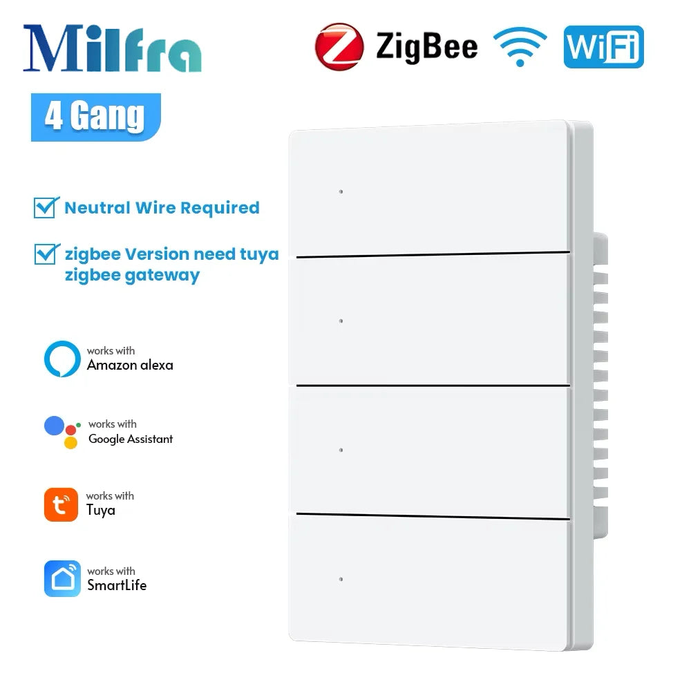 Milfra Zigbee WIFI Light Switch 1/2/3/4/6 Gang Smart Switch Voice Control Work With Alexa Google Home Tuya Control With Neutral