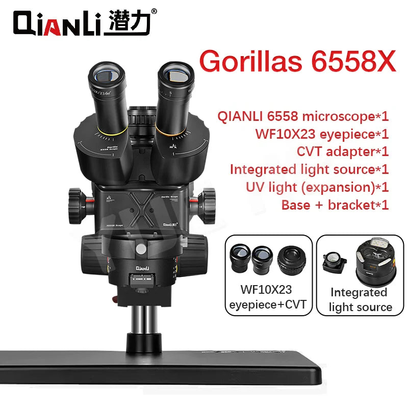Qianli 6558X Gorilla Industrial Trinocular Microscope 6.5X-58X Zoom Electron Microscope For Mobile Phones PCB Repair tools Set