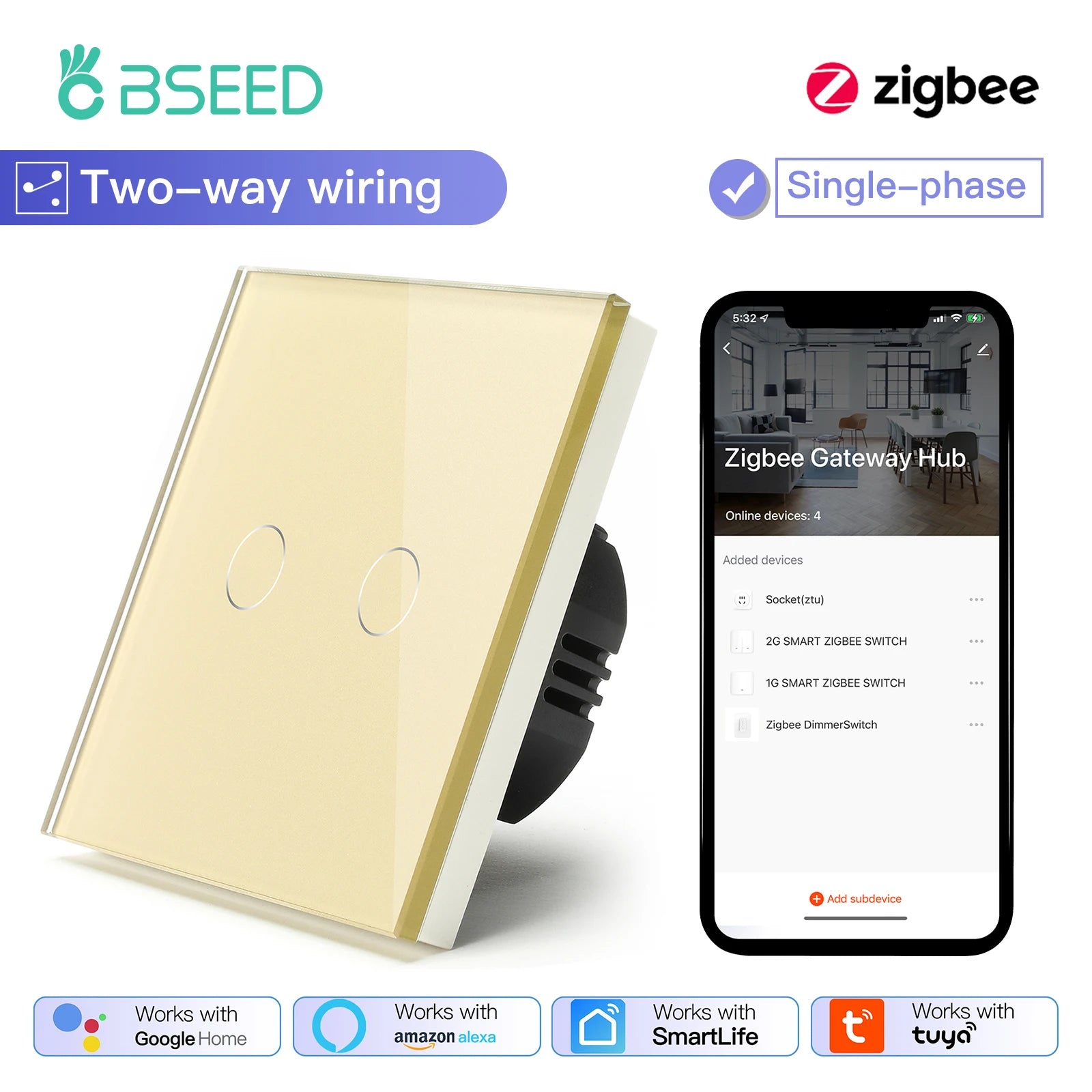 BSEED 1/2/3Gang Smart Zigbee Touch Light Switch 2-Way Control Compatible with Alexa/Google Home No Neutral Wire Touch Switch