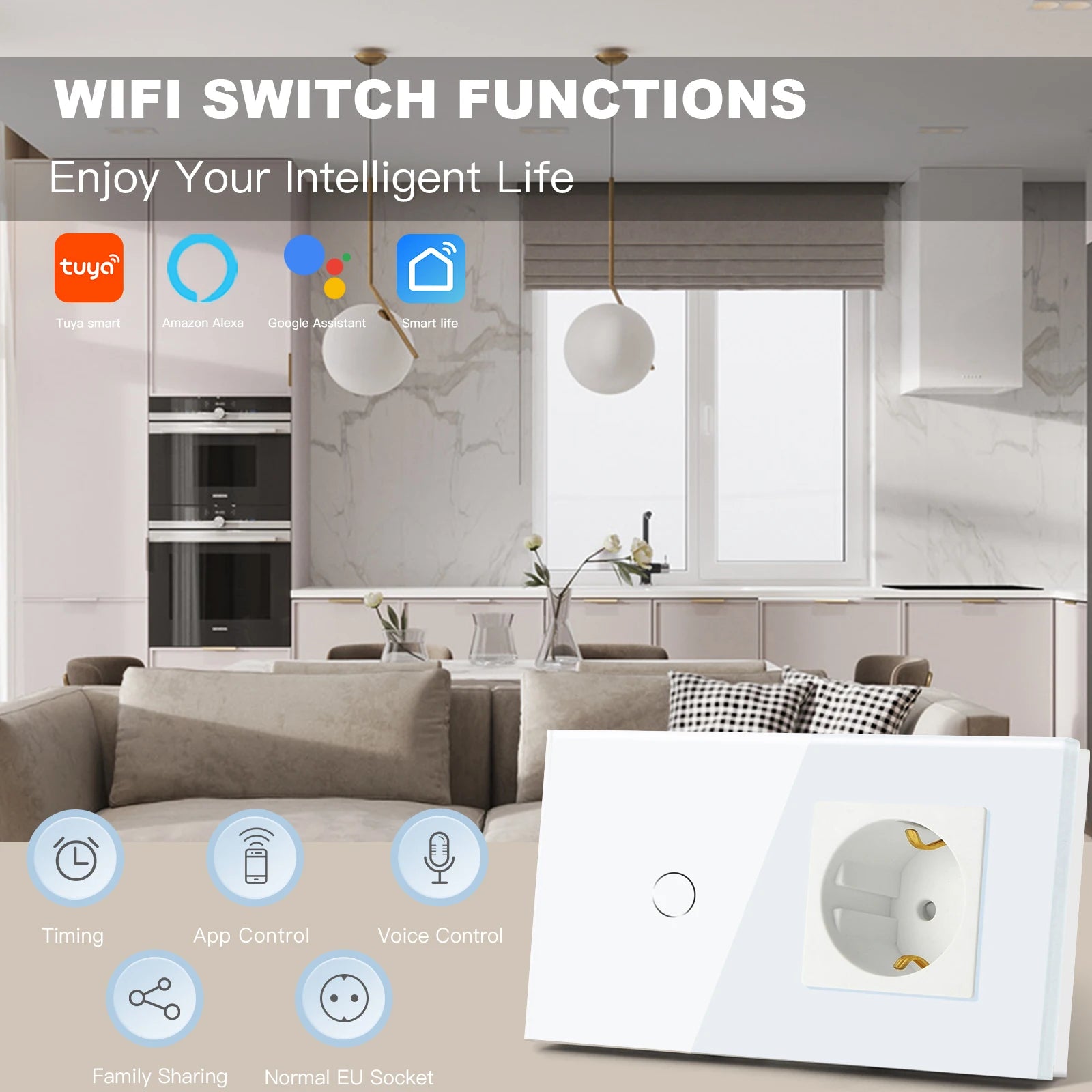 BSEED EU Standard Wifi Wall Switch 1/2/3Gang 1/2/3Way Smart Touch Light Switches Wall Socket Outlets Google Alexa Tuya Control