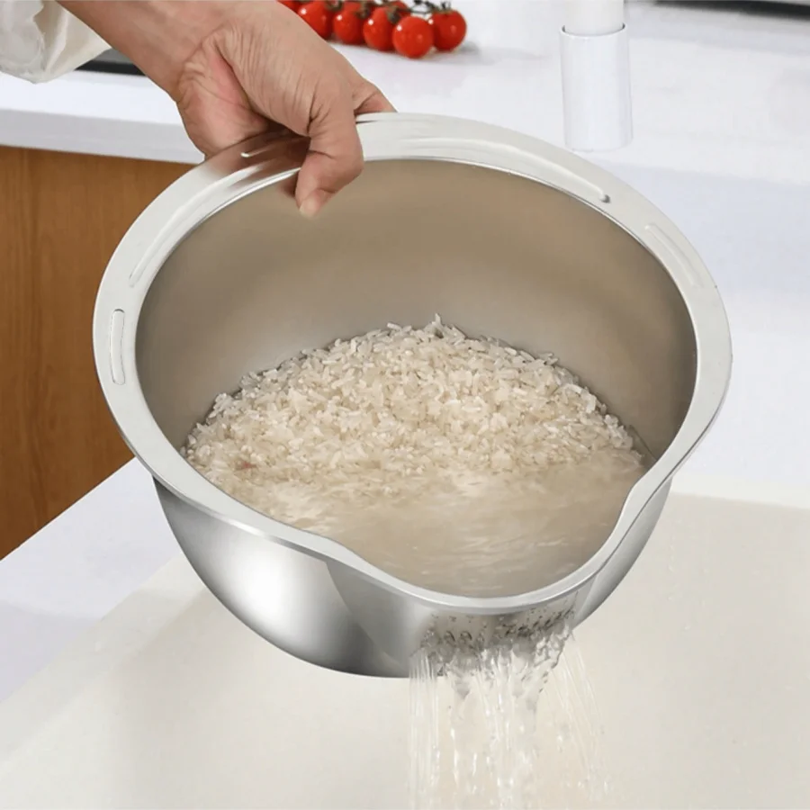 Stainless Steel Rice Washing Bowl with Drain Holes, 2-in-1 Vegetable Fruit Strainer Colander Basket for Kitchen Sink