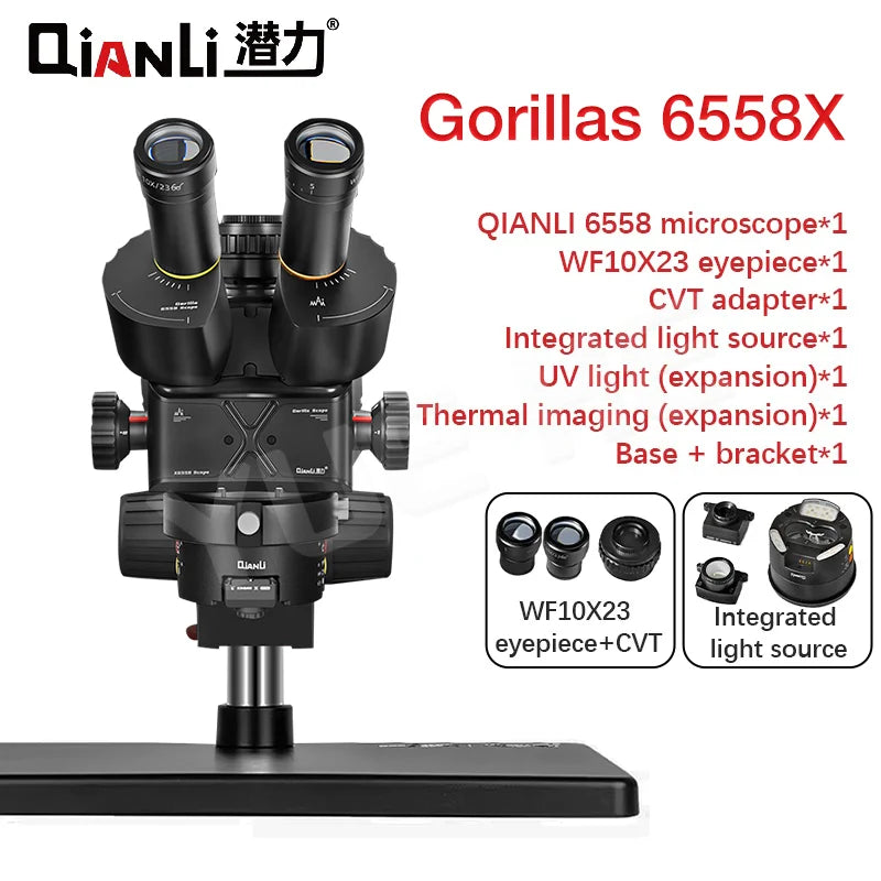 Qianli 6558X Gorilla Industrial Trinocular Microscope 6.5X-58X Zoom Electron Microscope For Mobile Phones PCB Repair tools Set