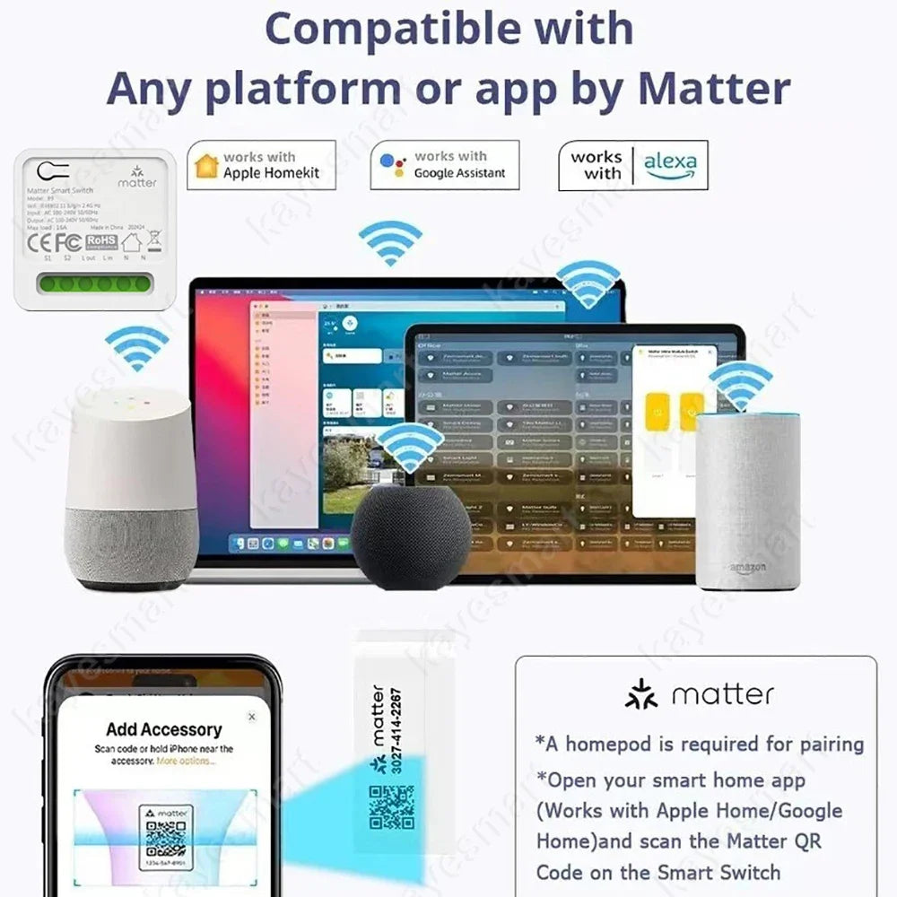 Matter Smart Switch 16A Mini WiFi Relay Module Home Automation DIY Light Switch Works with Homekit Alexa Google Home Smartthings