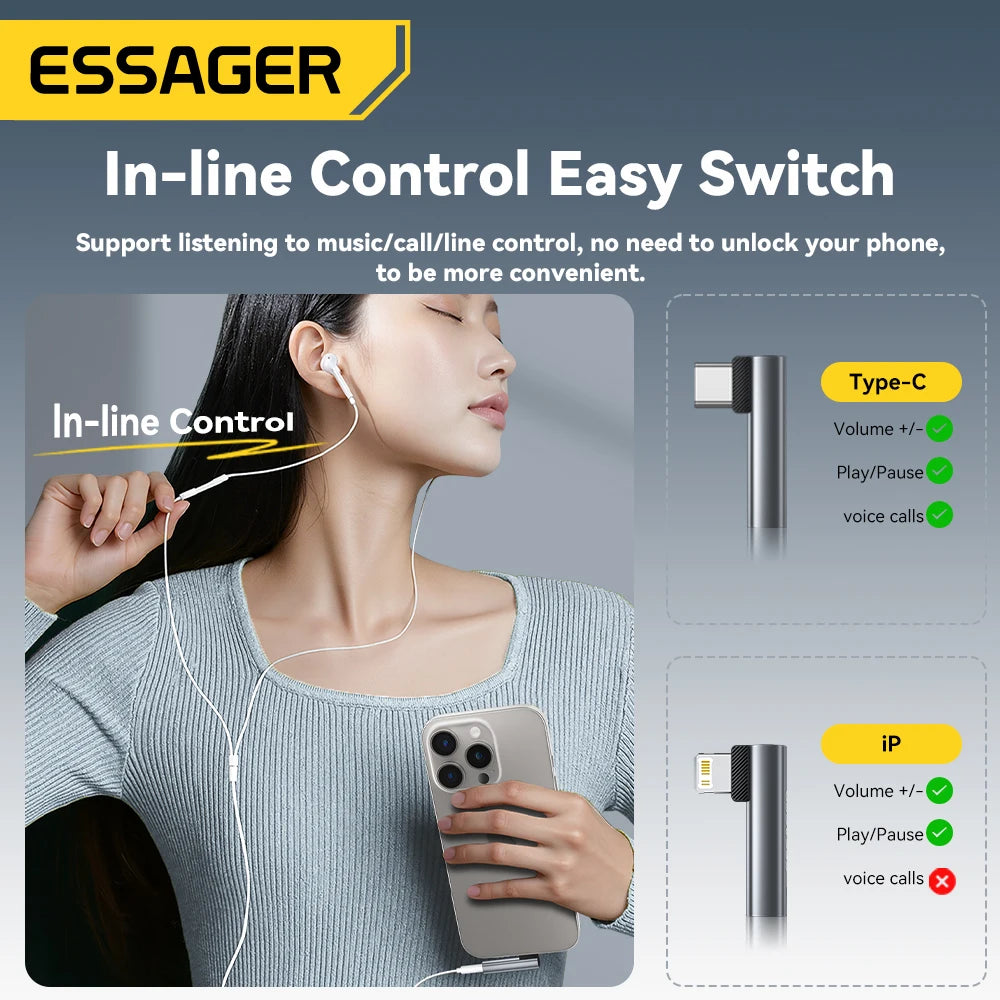 Essager L-shape Type-C to 3.5mm Jack Audio Adapter for iPhone 16 15 Samsung Lightning to 3.5mm Headphone Adapter for iPhone14 13