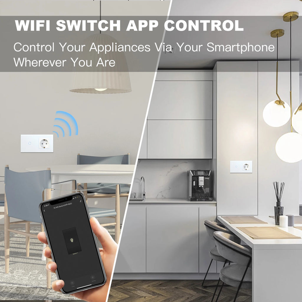 BSEED EU Standard Wifi Wall Switch 1/2/3Gang 1/2/3Way Smart Touch Light Switches Wall Socket Outlets Google Alexa Tuya Control