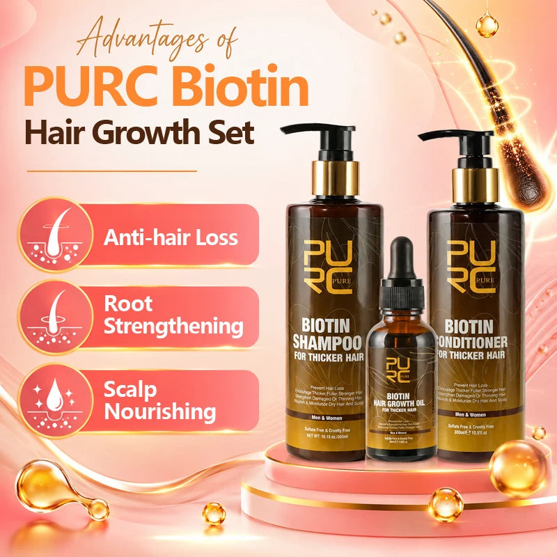 PURC Biotin Hair Growth Oil Shampoo Conditioner Sets Keratin Smoothing Hair Loss Treatment for Men Women Hair Care Products
